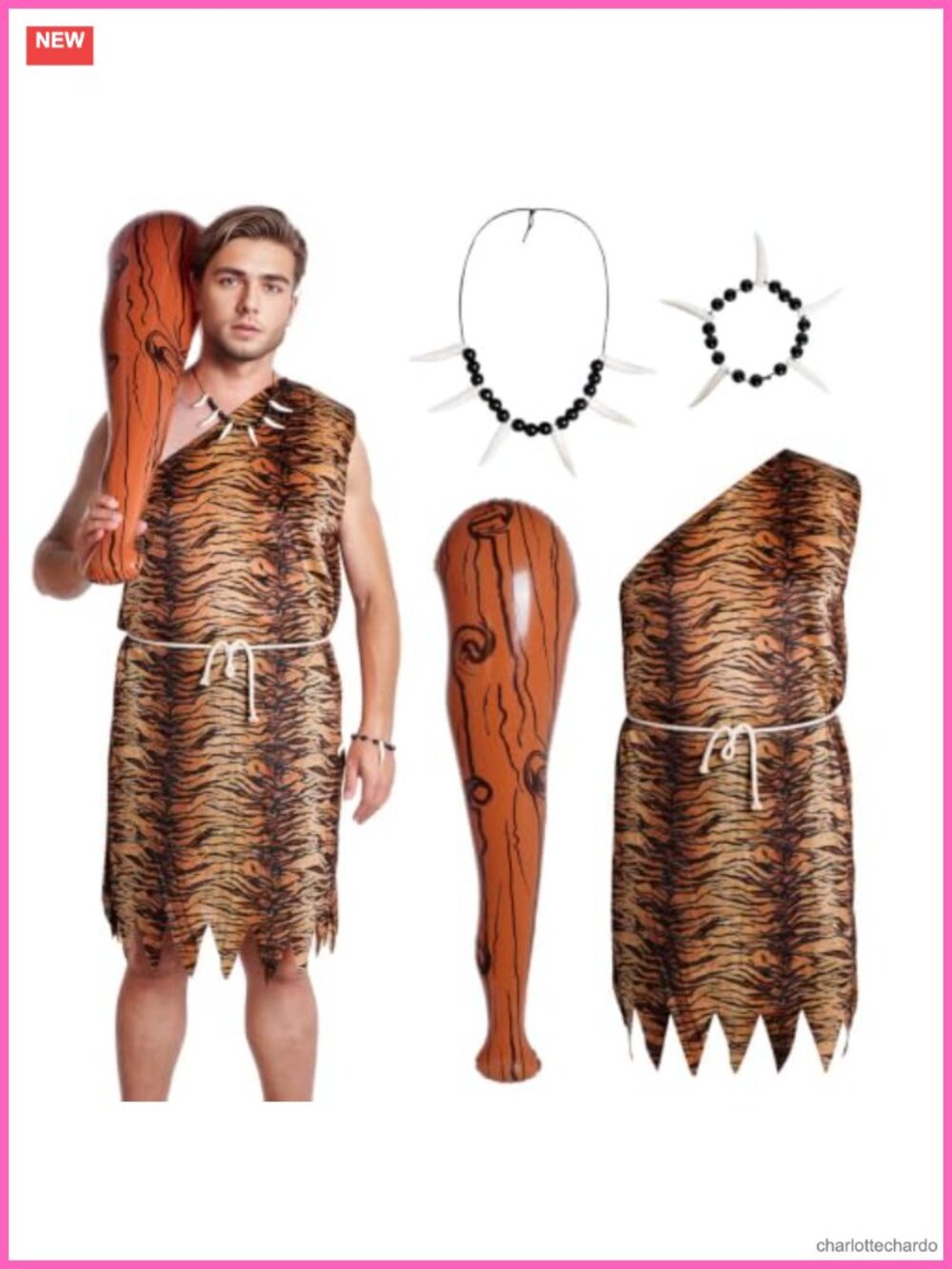 Caveman Costume Set Tiger Stripe Tunic Tooth Necklace Inflatable Club